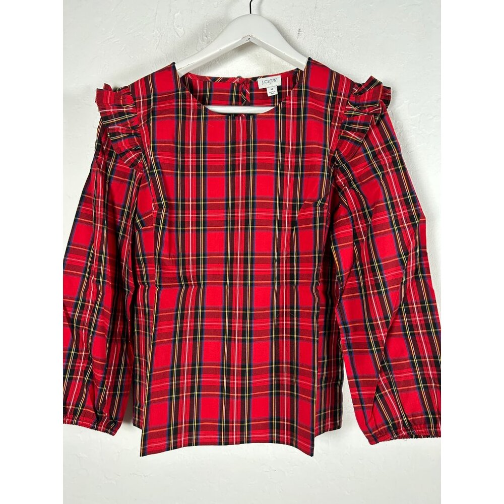 J.Crew Womens Tartan Plaid Ruffle-Trim Woven Top Blouse Medium Red AT885 New $64